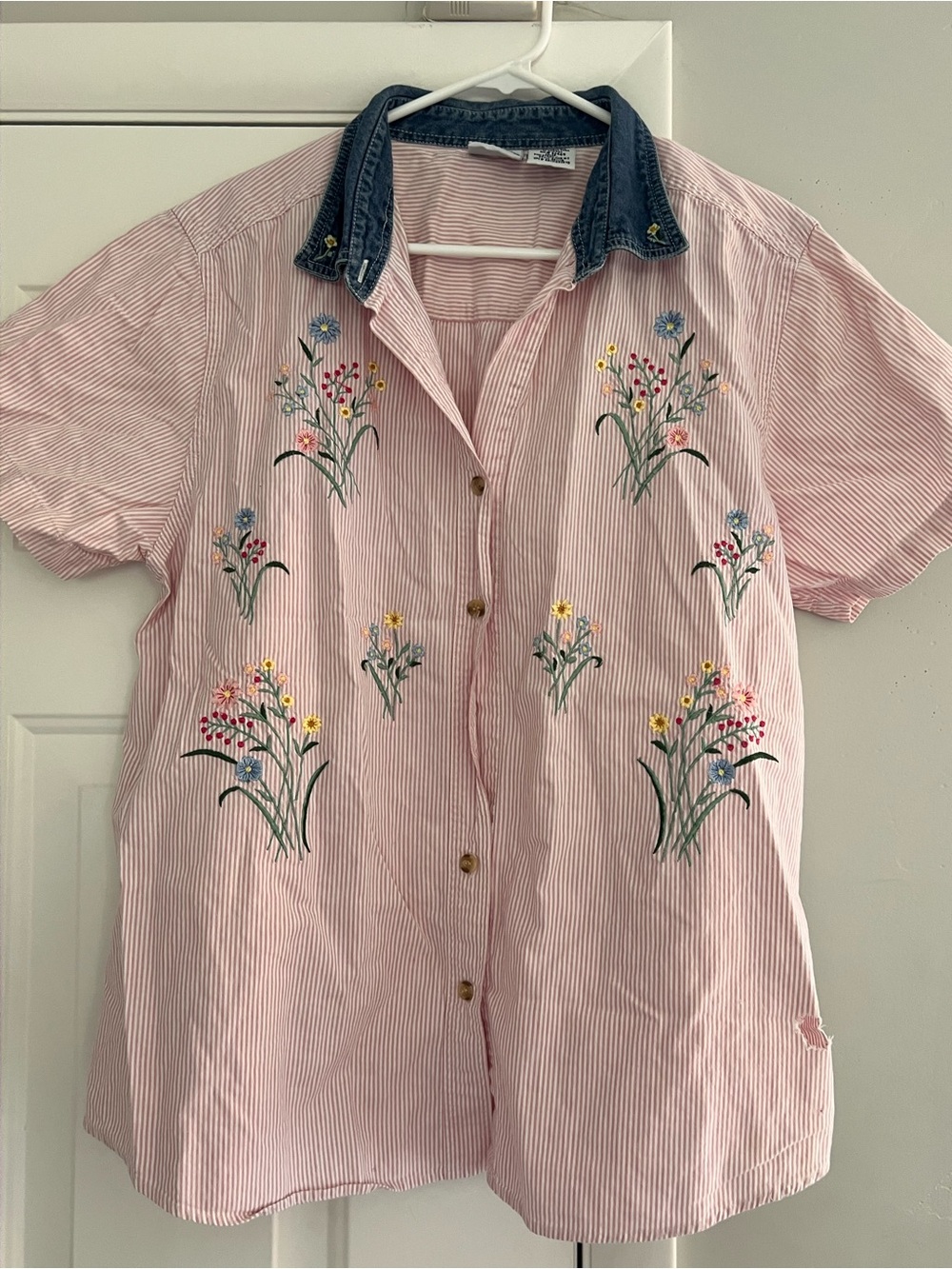 Kids Pink Striped Button-Up Shirt with Floral Embroidery